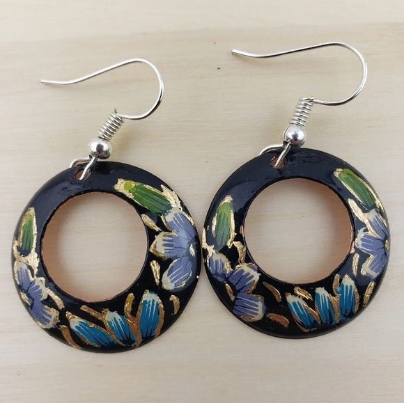 HANDMADE Dangle Earrings Mexican Copper Hand Painted Black Floral Earrings - Picture 1 of 5